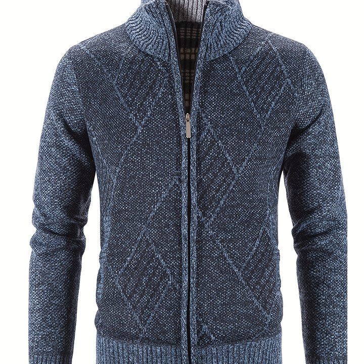 Men's Diamond Plaid Cardigan – Stylish, Warm Knit Zip-Up with Stand Collar