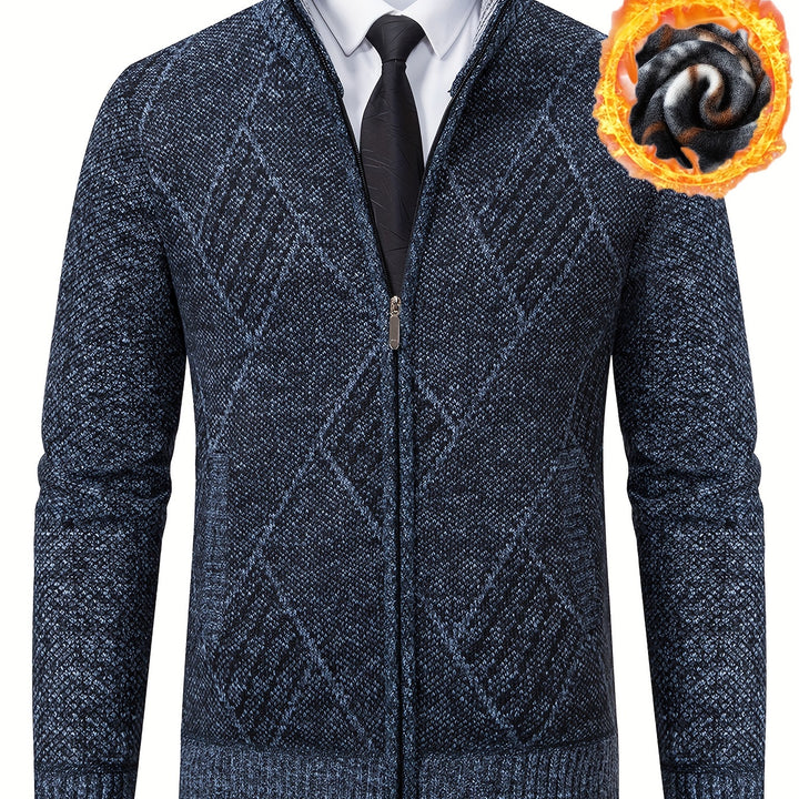 Men's Diamond Plaid Cardigan – Stylish, Warm Knit Zip-Up with Stand Collar