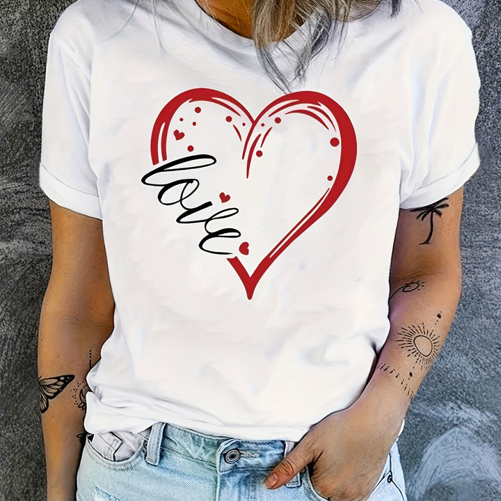 Heart & Letter Print Crew Neck T-Shirt – Casual Short Sleeve for Spring & Summer