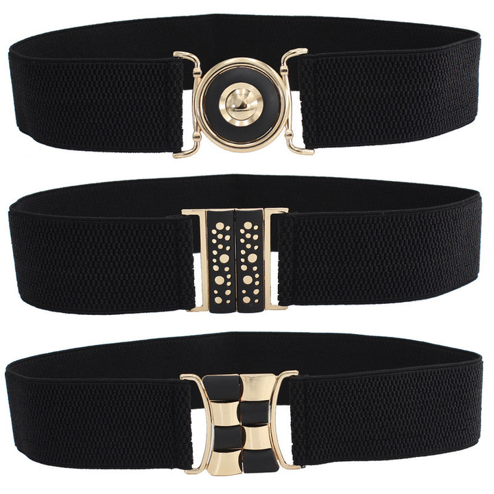 Women's Black Elastic Belt with Gold Buckle