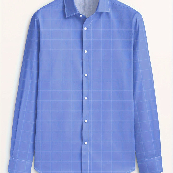 Men's Plaid Lapel Collar Dress Shirt - Long Sleeve Casual Button-Up for Formal and Outdoor Occasions