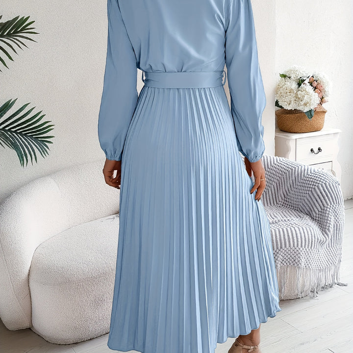 Chic A-Line V-Neck Dress – Belted Waist, Pleated Hem, and Flattering Silhouette for Everyday Style