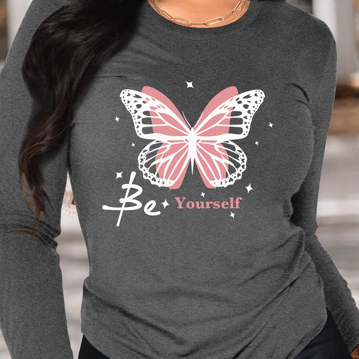 Women's Butterfly Print Long Sleeve T-Shirt – Soft polyester blend, crew neck, machine washable