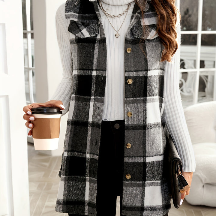 Elegant Lapel Collar Plaid Vest – Sleeveless Button Coat for Fall/Winter