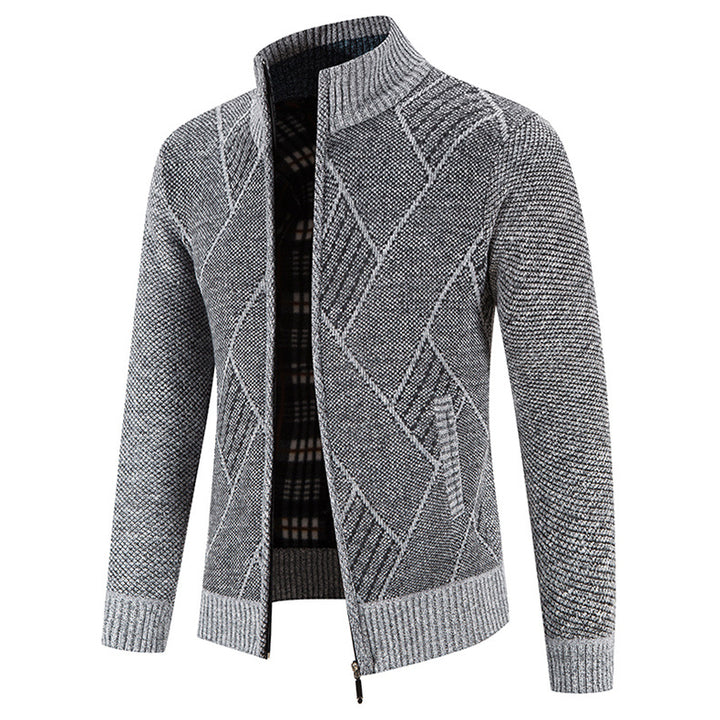 Men's Diamond Plaid Cardigan – Stylish, Warm Knit Zip-Up with Stand Collar