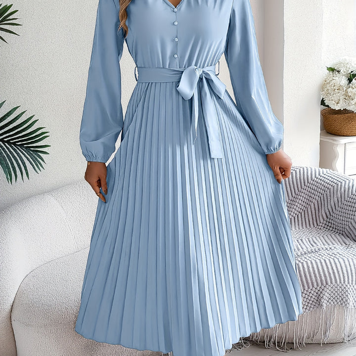 Chic A-Line V-Neck Dress – Belted Waist, Pleated Hem, and Flattering Silhouette for Everyday Style