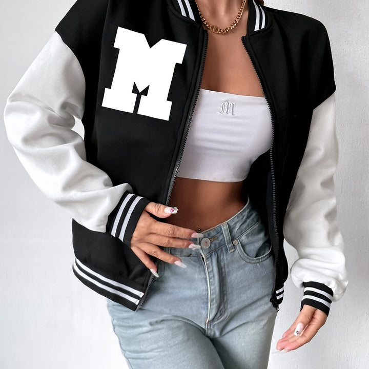 Stylish Letter Print Zipper Jacket – Long Sleeve Windbreaker for Fall & Winter