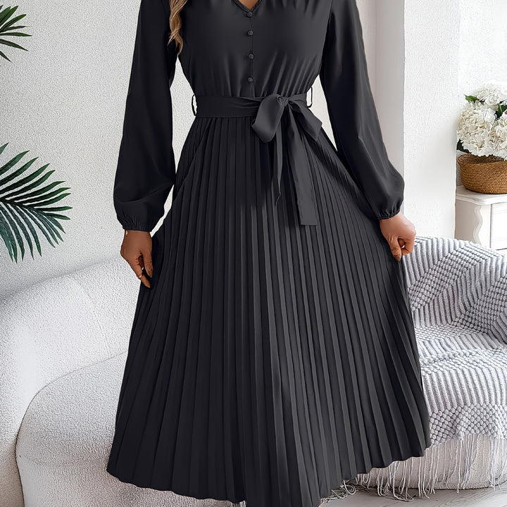 Chic A-Line V-Neck Dress – Belted Waist, Pleated Hem, and Flattering Silhouette for Everyday Style