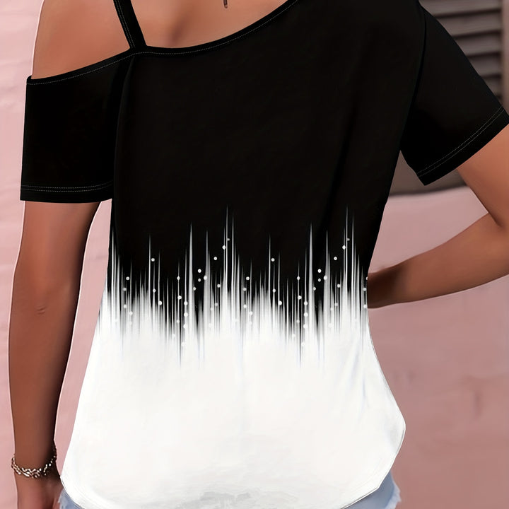 Vibrant Ombre Slant Shoulder T-Shirt – Chain Strap, Short Sleeve for Spring & Summer