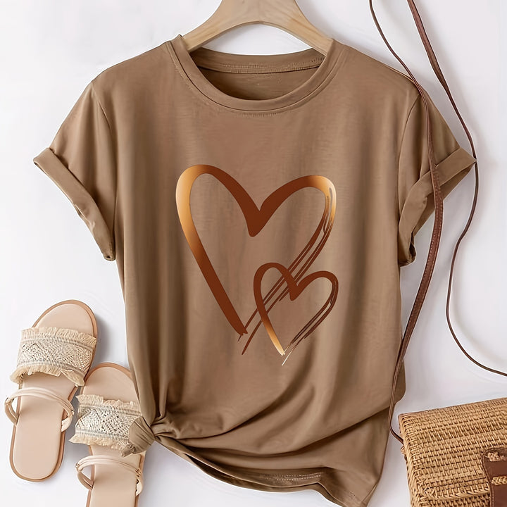 Women's Casual Heart Print T-Shirt – Soft, Stretchy Crew Neck for All Seasons