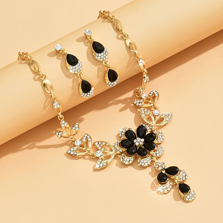 Necklace & Earrings Set - Elegant Black Flower Rhinestone Jewelry, Hypoallergenic