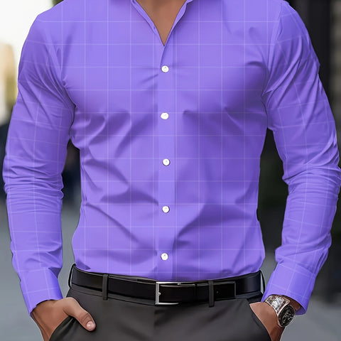 Men's Plaid Lapel Collar Dress Shirt - Long Sleeve Casual Button-Up for Formal and Outdoor Occasions