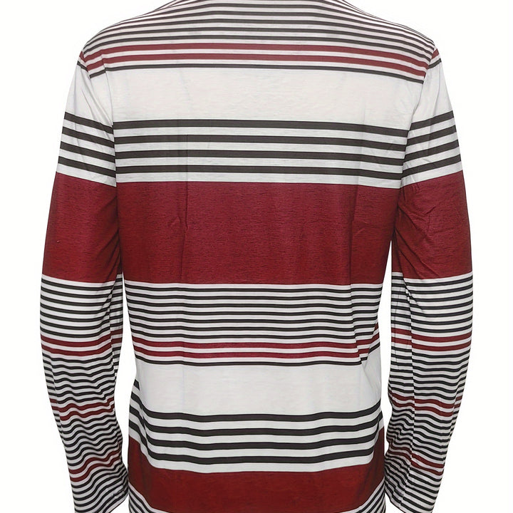 Vibrant Striped Tee – Faux Button Long Sleeve Top for Spring & Fall