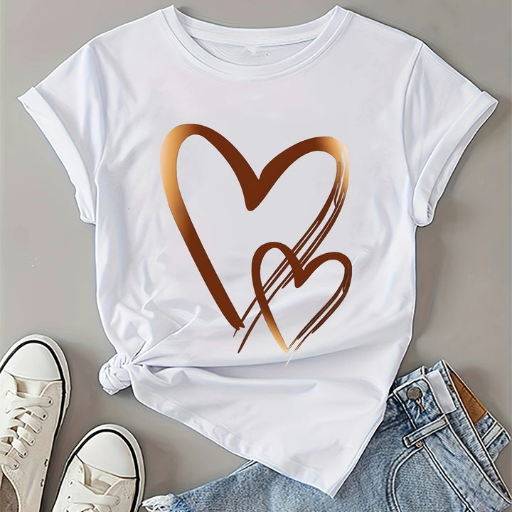 Women's Casual Heart Print T-Shirt – Soft, Stretchy Crew Neck for All Seasons