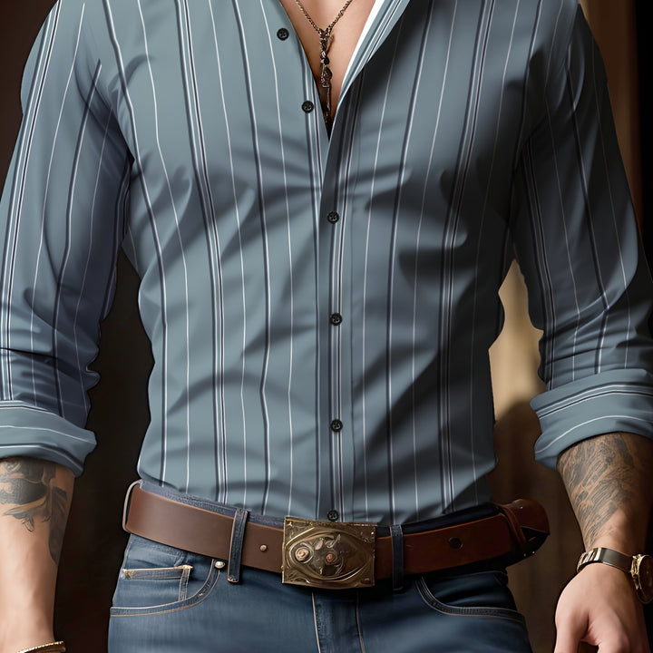 Men's Slim Fit Striped Long Sleeve Shirt - Polyester, Button-Up, All-Season Wear for Casual & Formal Occasions