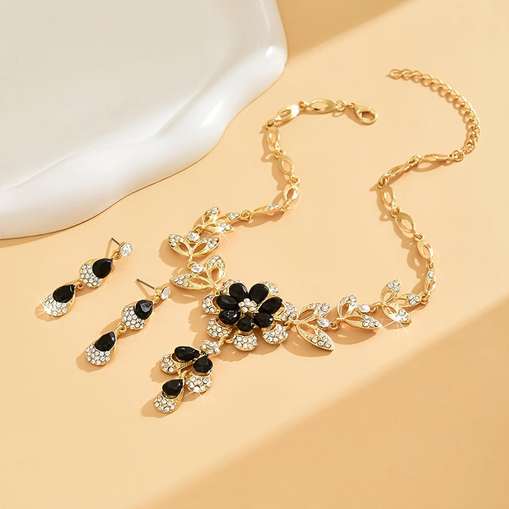 Necklace & Earrings Set - Elegant Black Flower Rhinestone Jewelry, Hypoallergenic