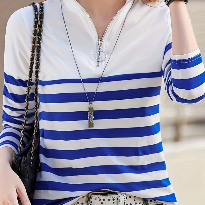 Womens Striped Quarter Zip T-Shirt – Comfortable Long Sleeves for Spring & Fall