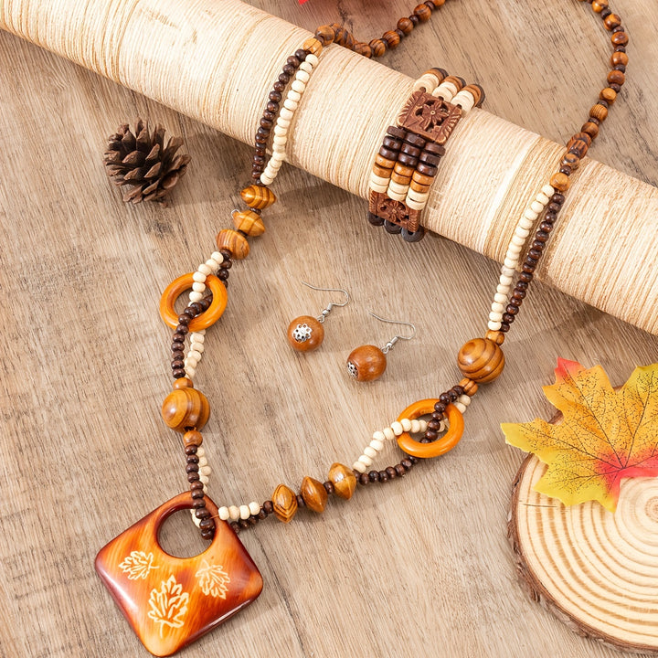 Boho Chic Jewelry Set – Wooden Bead Earrings, Necklace & Bracelet