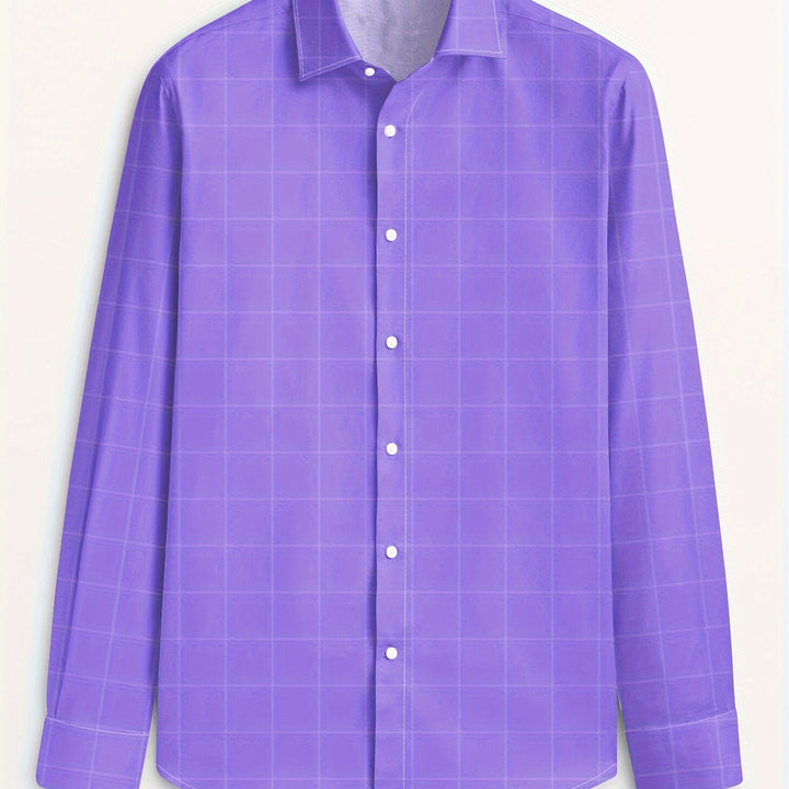 Men's Plaid Lapel Collar Dress Shirt - Long Sleeve Casual Button-Up for Formal and Outdoor Occasions