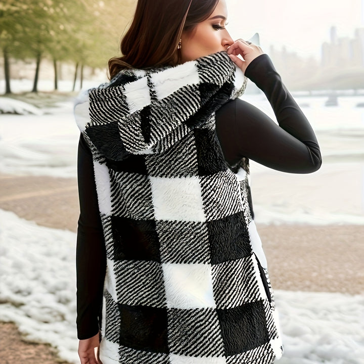 Cozy Plaid Teddy Coat – Sleeveless Hooded Jacket with Pockets for Fall & Winter