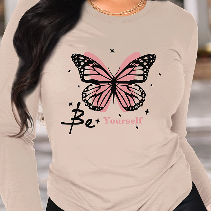 Women's Butterfly Print Long Sleeve T-Shirt – Soft polyester blend, crew neck, machine washable