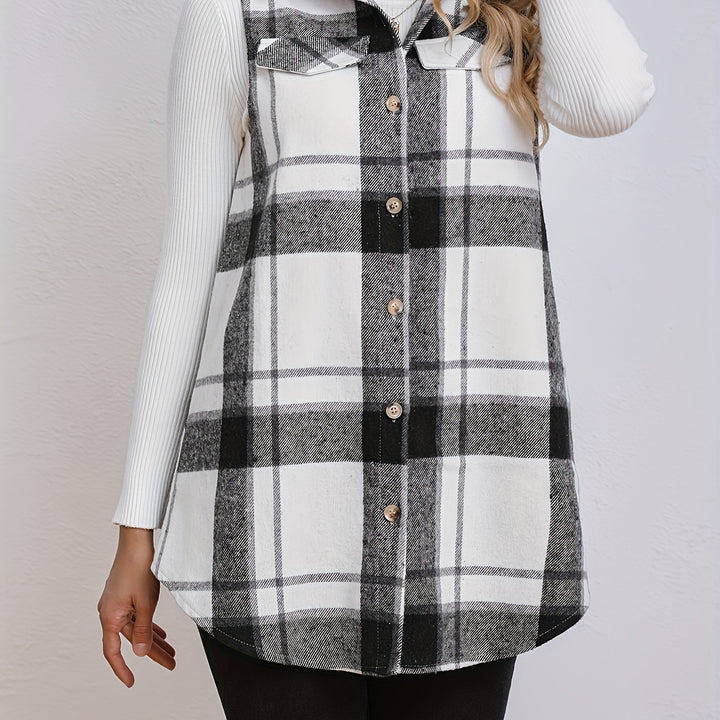 Elegant Lapel Collar Plaid Vest – Sleeveless Button Coat for Fall/Winter