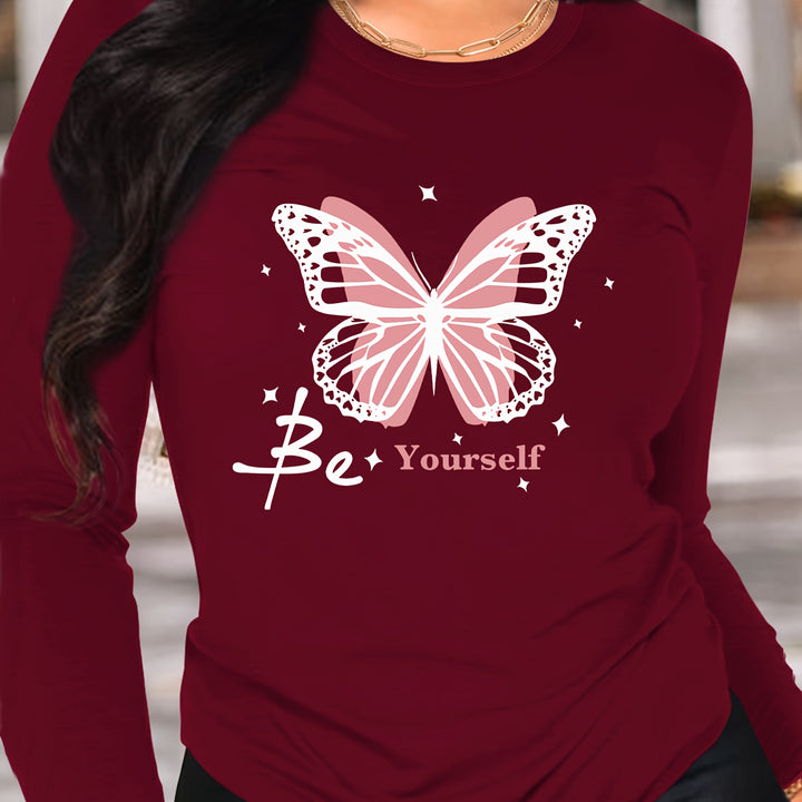 Women's Butterfly Print Long Sleeve T-Shirt – Soft polyester blend, crew neck, machine washable