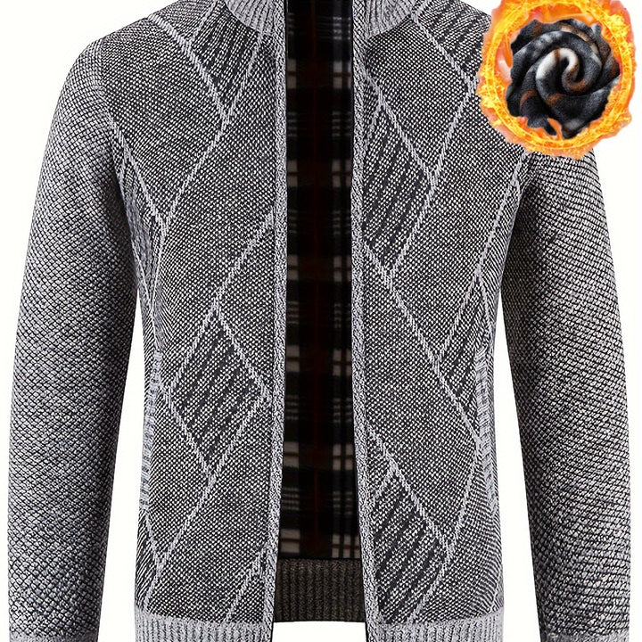 Men's Diamond Plaid Cardigan – Stylish, Warm Knit Zip-Up with Stand Collar