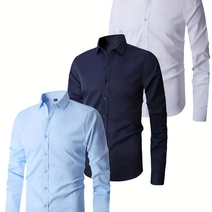 3pcs Men's Solid Color Long Sleeve Shirts - Casual Business, Great for Weddings and Work
