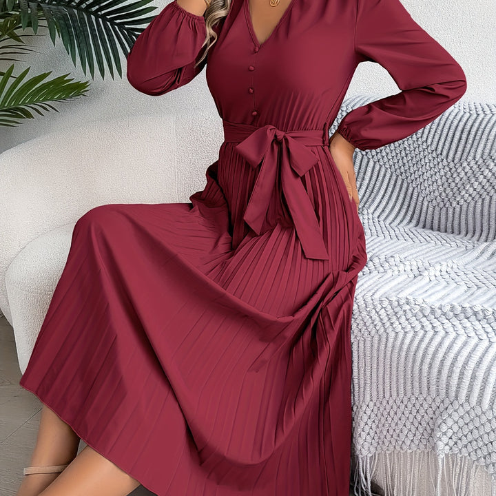 Chic A-Line V-Neck Dress – Belted Waist, Pleated Hem, and Flattering Silhouette for Everyday Style