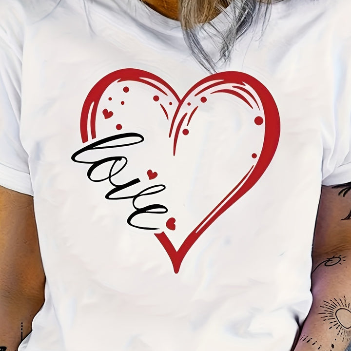 Heart & Letter Print Crew Neck T-Shirt – Casual Short Sleeve for Spring & Summer