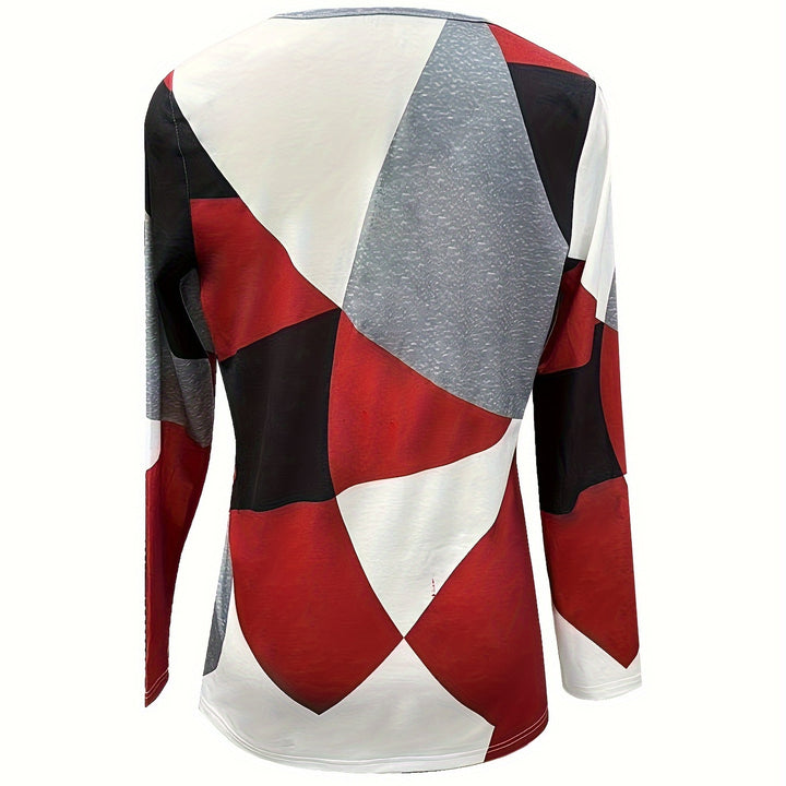 Vibrant Geometric Print T-Shirt – Notched Neck, Long Sleeve for Spring & Fall