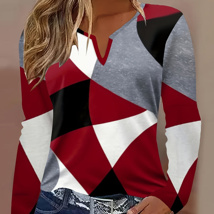 Vibrant Geometric Print T-Shirt – Notched Neck, Long Sleeve for Spring & Fall