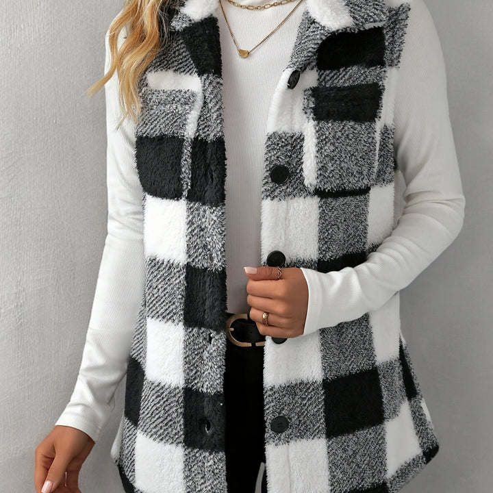 Cozy Plaid Fuzzy Vest – Stylish Sleeveless Outerwear for All Seasons