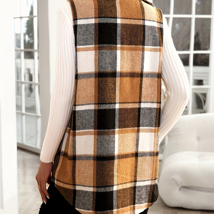 Elegant Lapel Collar Plaid Vest – Sleeveless Button Coat for Fall/Winter