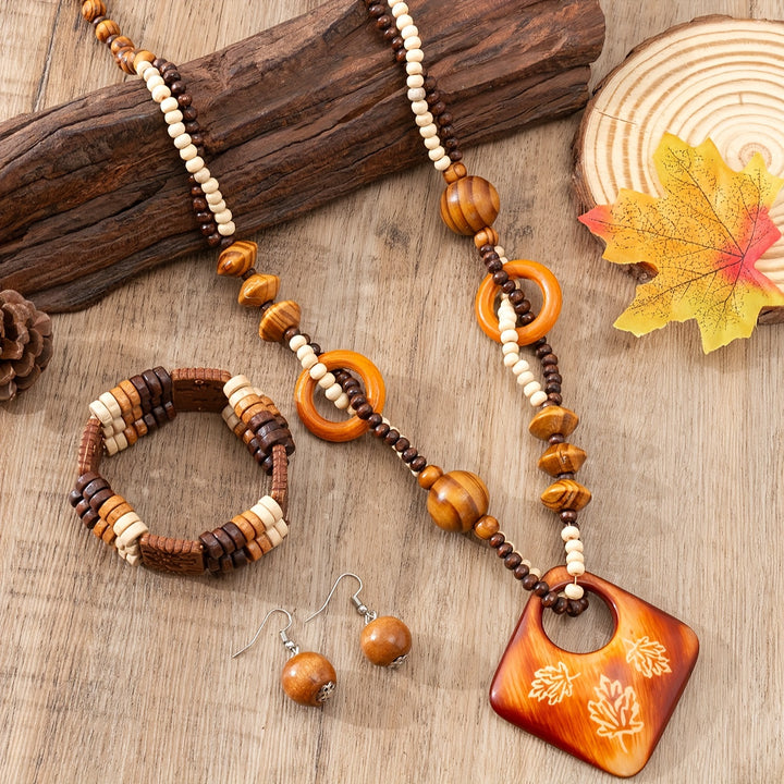 Boho Chic Jewelry Set – Wooden Bead Earrings, Necklace & Bracelet