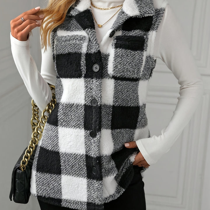 Cozy Plaid Fuzzy Vest – Stylish Sleeveless Outerwear for All Seasons