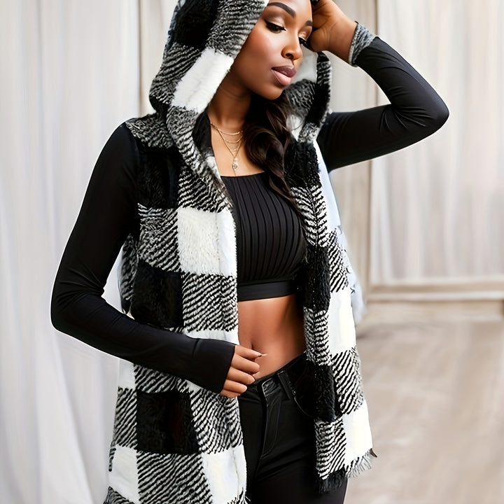 Cozy Plaid Teddy Coat – Sleeveless Hooded Jacket with Pockets for Fall & Winter