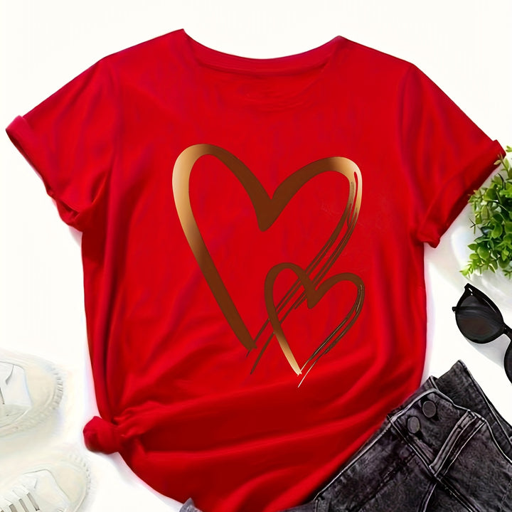 Women's Casual Heart Print T-Shirt – Soft, Stretchy Crew Neck for All Seasons