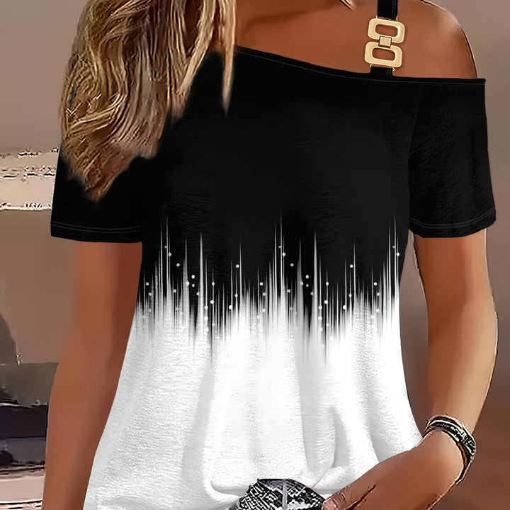 Vibrant Ombre Slant Shoulder T-Shirt – Chain Strap, Short Sleeve for Spring & Summer