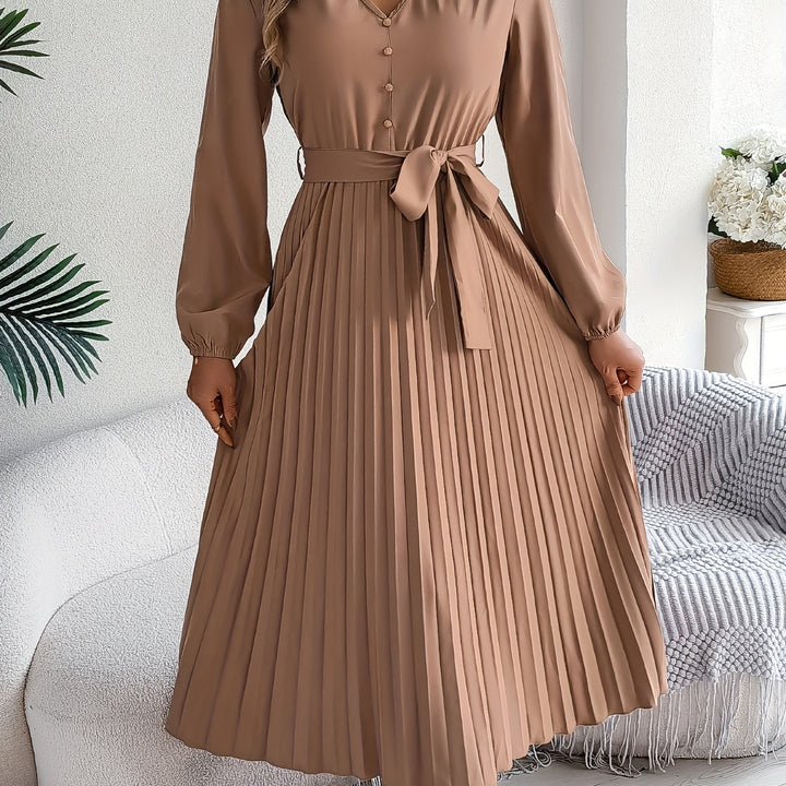 Chic A-Line V-Neck Dress – Belted Waist, Pleated Hem, and Flattering Silhouette for Everyday Style