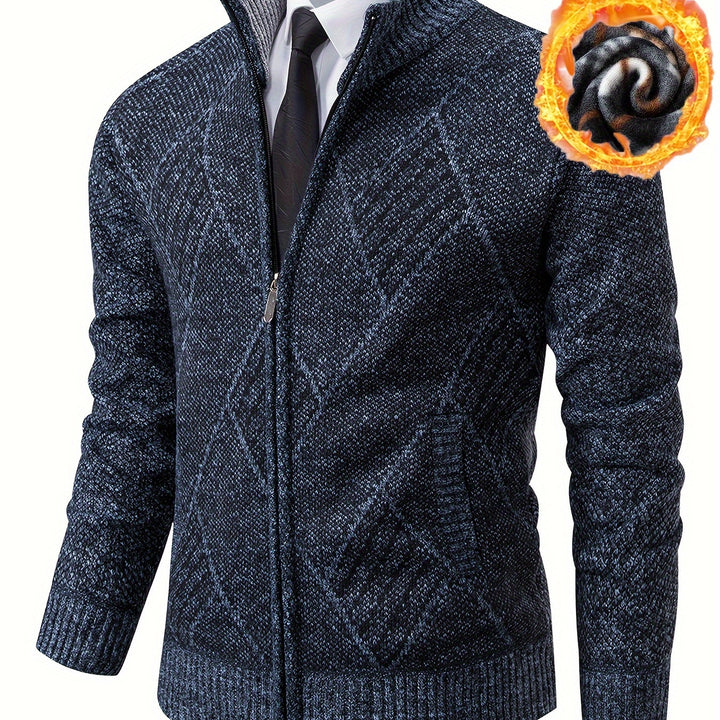 Men's Diamond Plaid Cardigan – Stylish, Warm Knit Zip-Up with Stand Collar