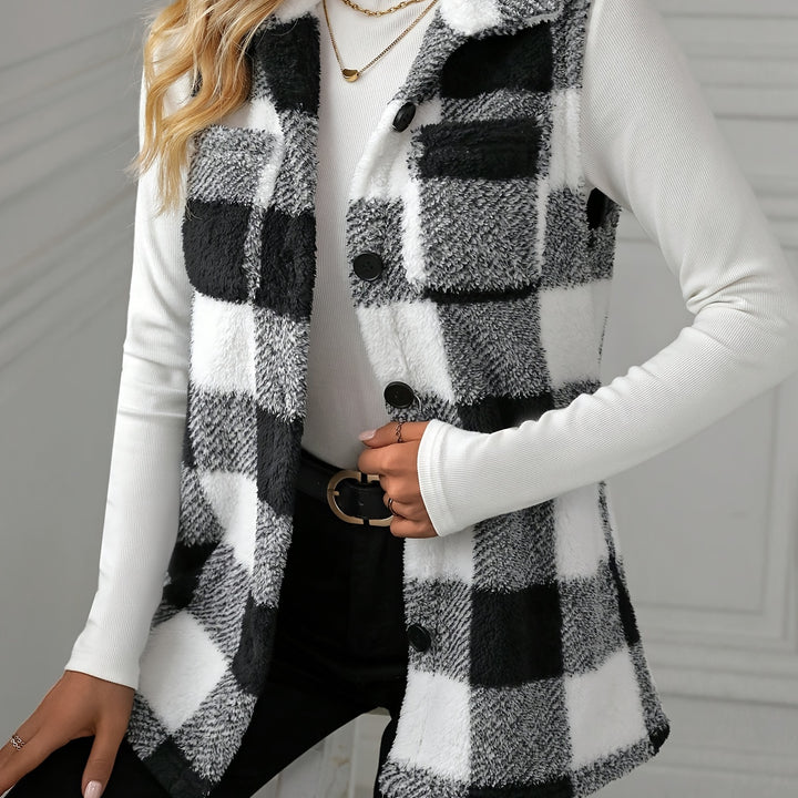 Cozy Plaid Fuzzy Vest – Stylish Sleeveless Outerwear for All Seasons