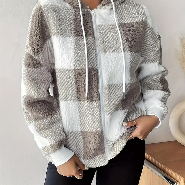 Cozy Plaid Teddy Coat – Drawstring Hood, Zipper, Long Sleeve for Winter