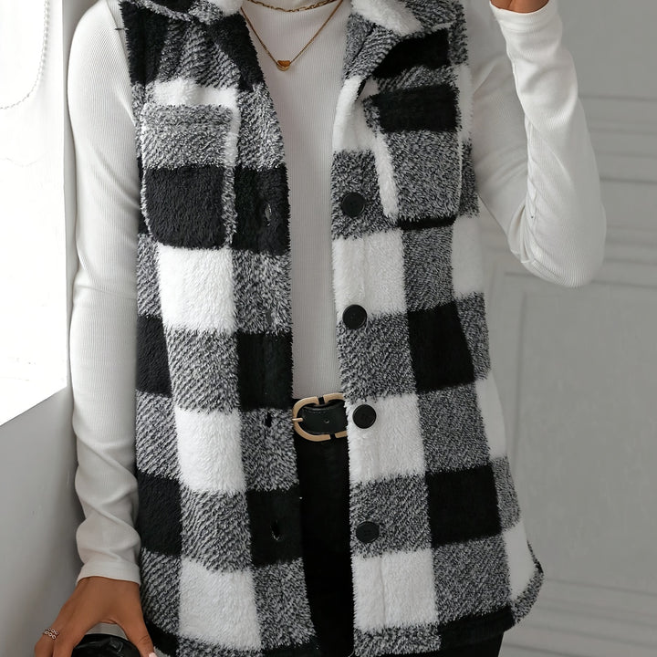 Cozy Plaid Fuzzy Vest – Stylish Sleeveless Outerwear for All Seasons