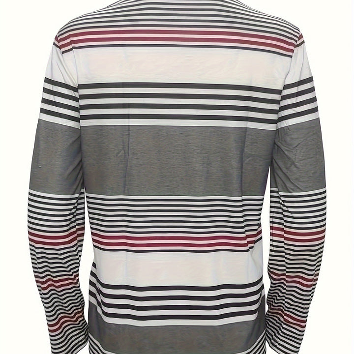 Vibrant Striped Tee – Faux Button Long Sleeve Top for Spring & Fall