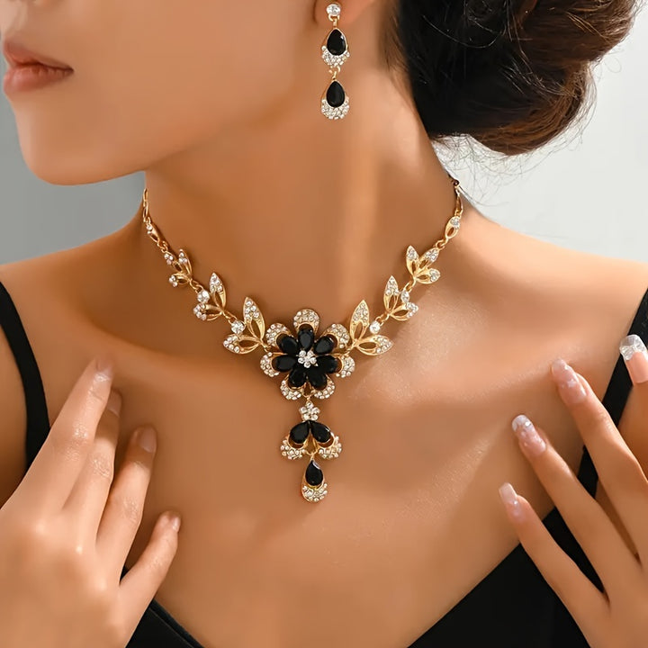 Necklace & Earrings Set - Elegant Black Flower Rhinestone Jewelry, Hypoallergenic