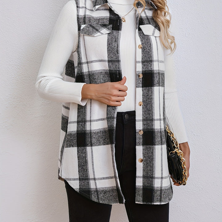 Elegant Lapel Collar Plaid Vest – Sleeveless Button Coat for Fall/Winter