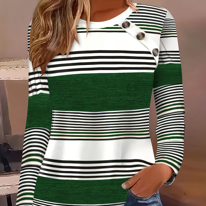 Vibrant Striped Tee – Faux Button Long Sleeve Top for Spring & Fall