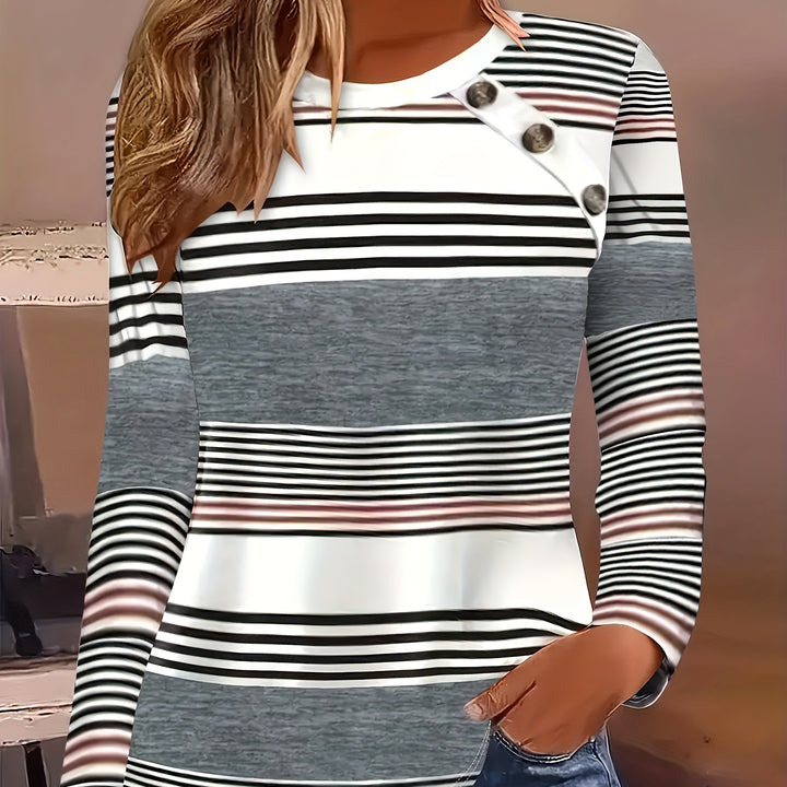 Vibrant Striped Tee – Faux Button Long Sleeve Top for Spring & Fall